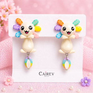 Aretes de axolote kawaii artesanales hechos a mano con colores pastel y detalles arcoíris