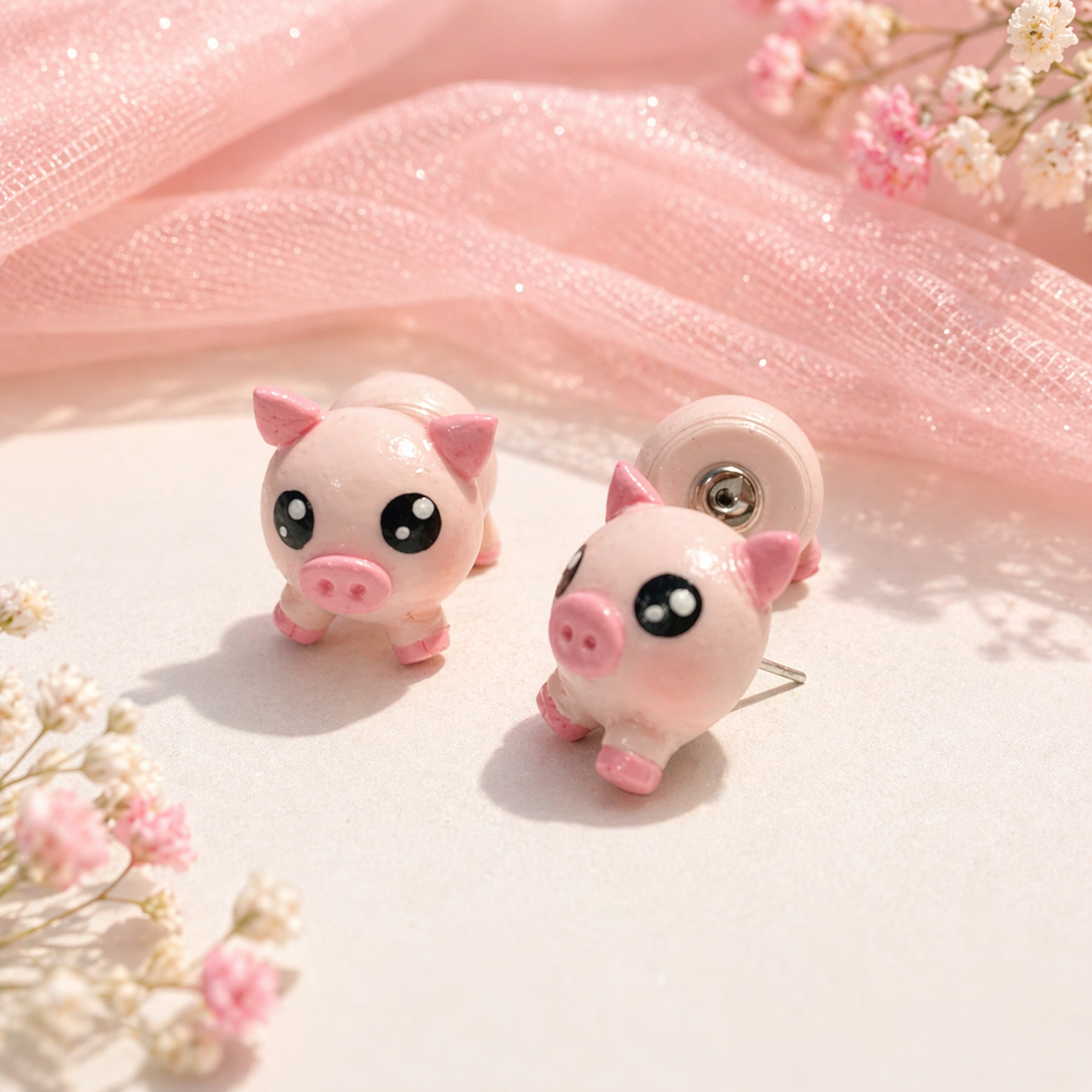 Detalle frontal de aretes de cerdito bolita color rosa artesanal