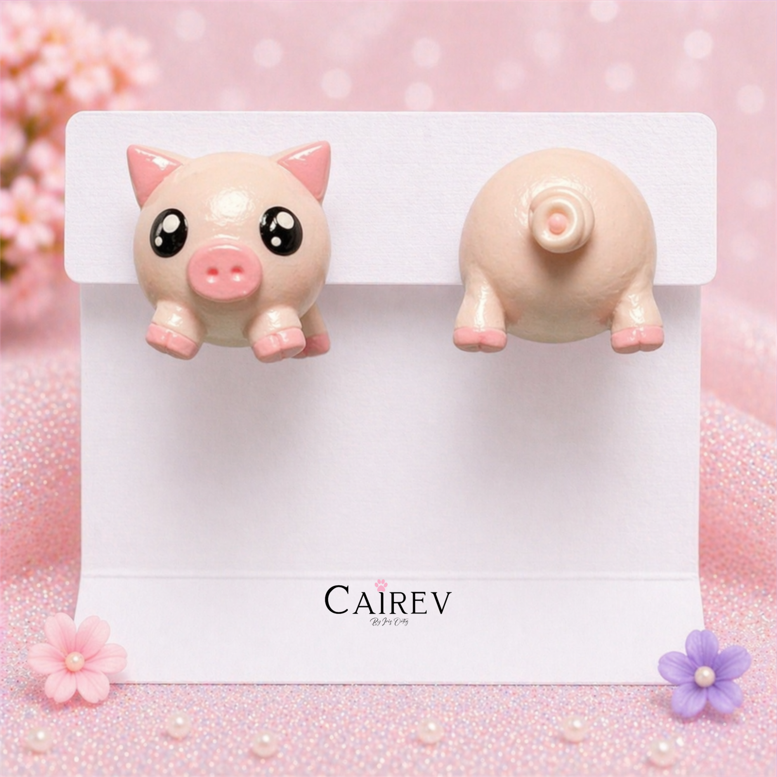 Aretes de cerdito bolita kawaii color rosa hechos a mano con diseño tierno