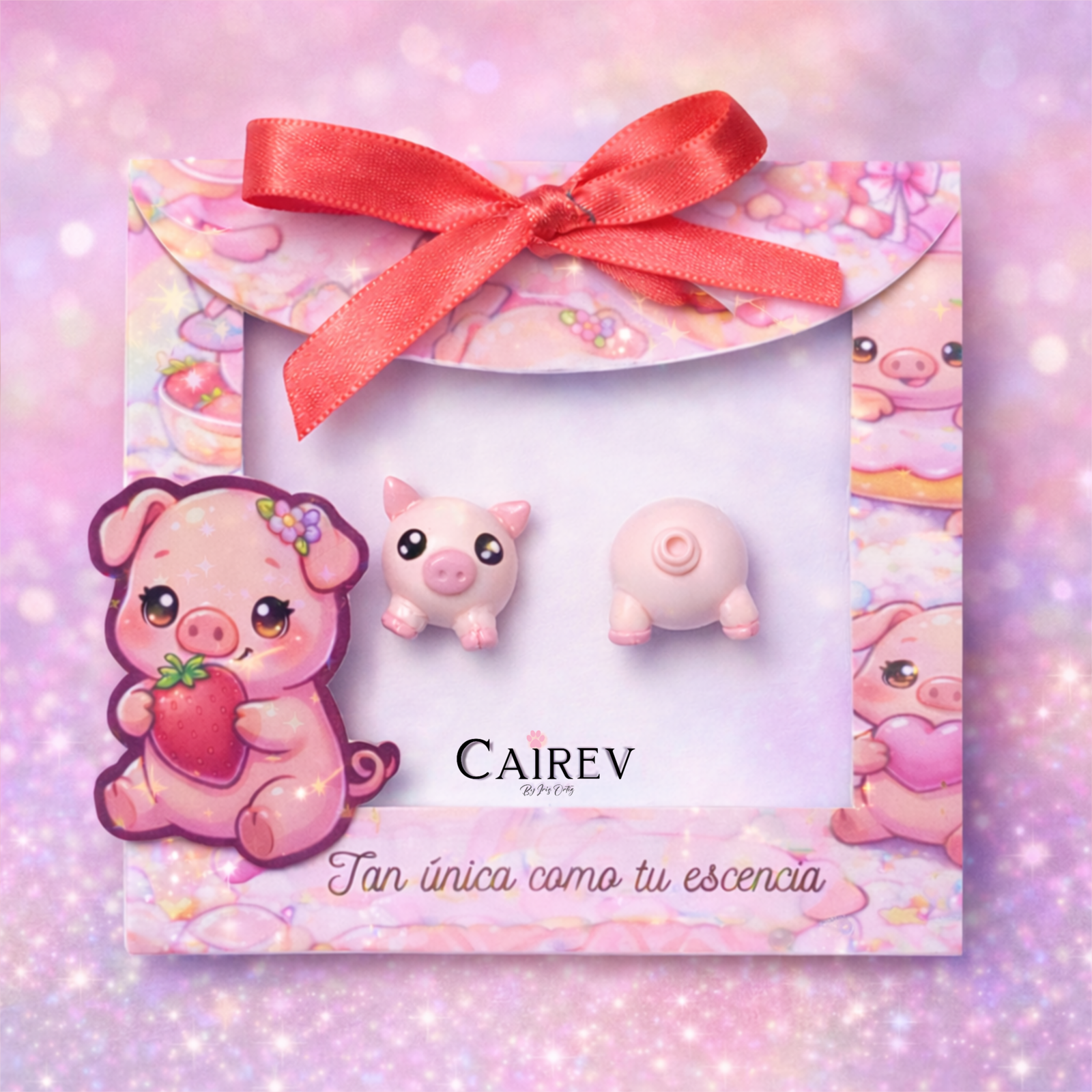 Aretes de cerdito bolita en presentación decorativa para regalo