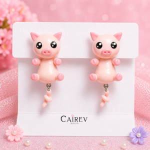 Aretes de cerdito kawaii hechos a mano con cola en espiral y detalles rosados