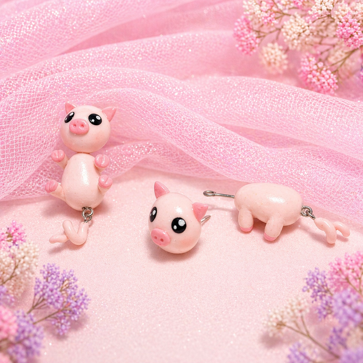 Detalles de aretes de cerdito kawaii mostrando acabados artesanales y sistema de poste