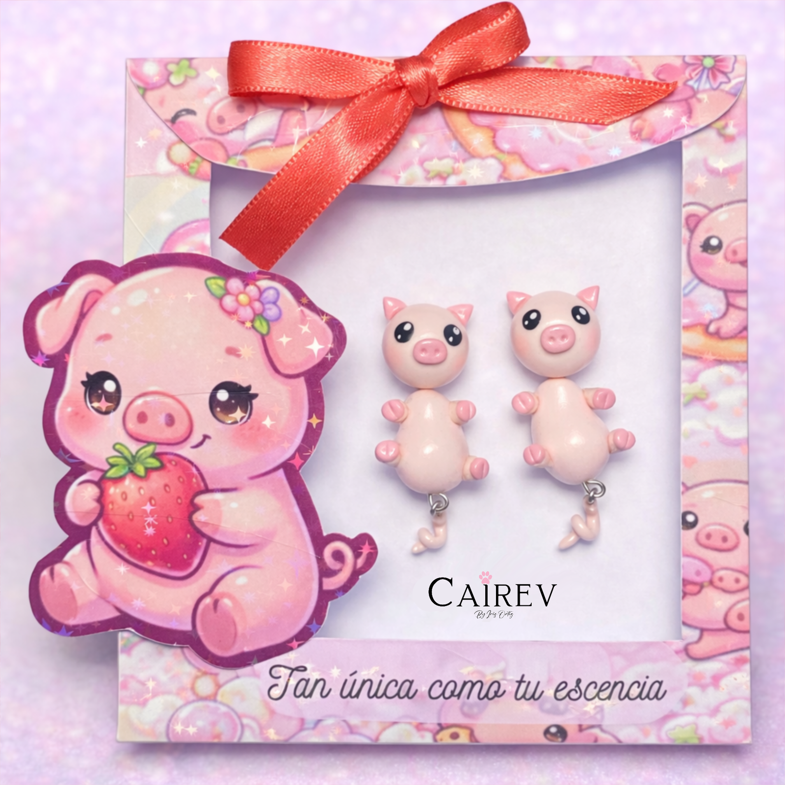 Aretes de cerdito kawaii en empaque decorativo listos para regalo