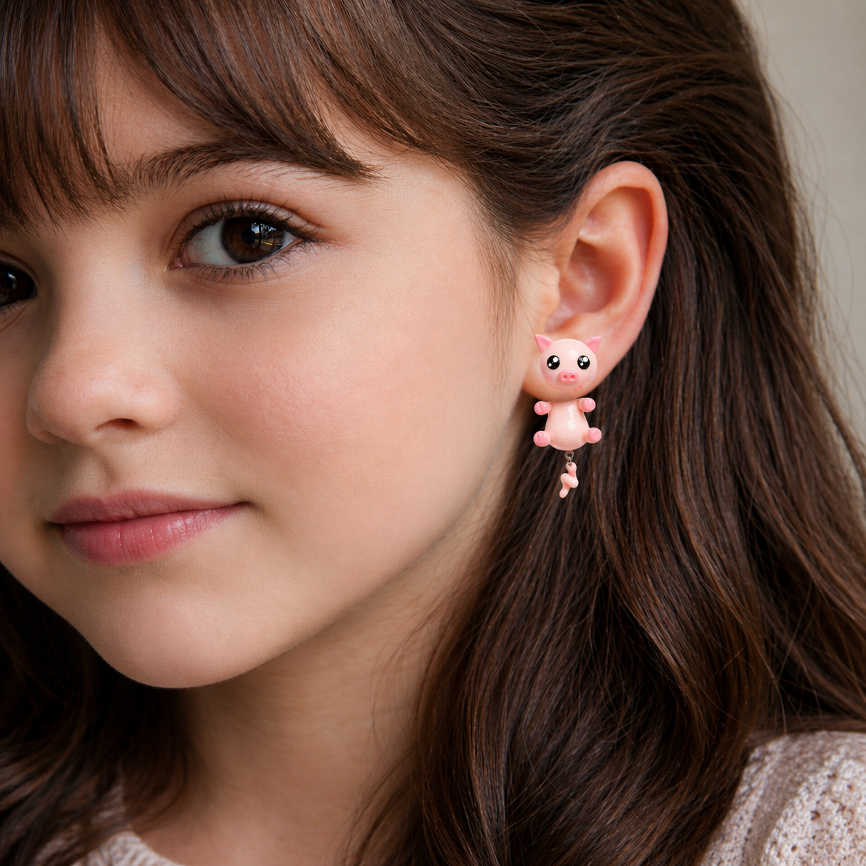 Modelo usando aretes de cerdito kawaii artesanales hechos a mano