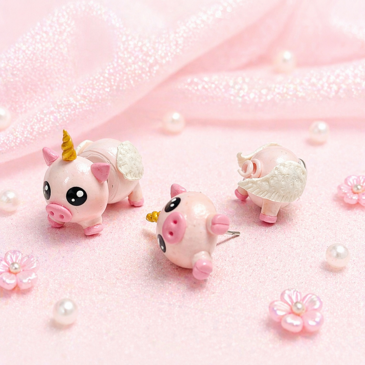 Detalle artesanal de aretes de cerdito unicornio alado color rosa