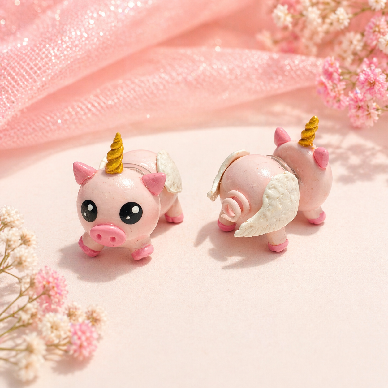 Vista frontal y trasera de aretes de cerdito unicornio con alas hechos a mano