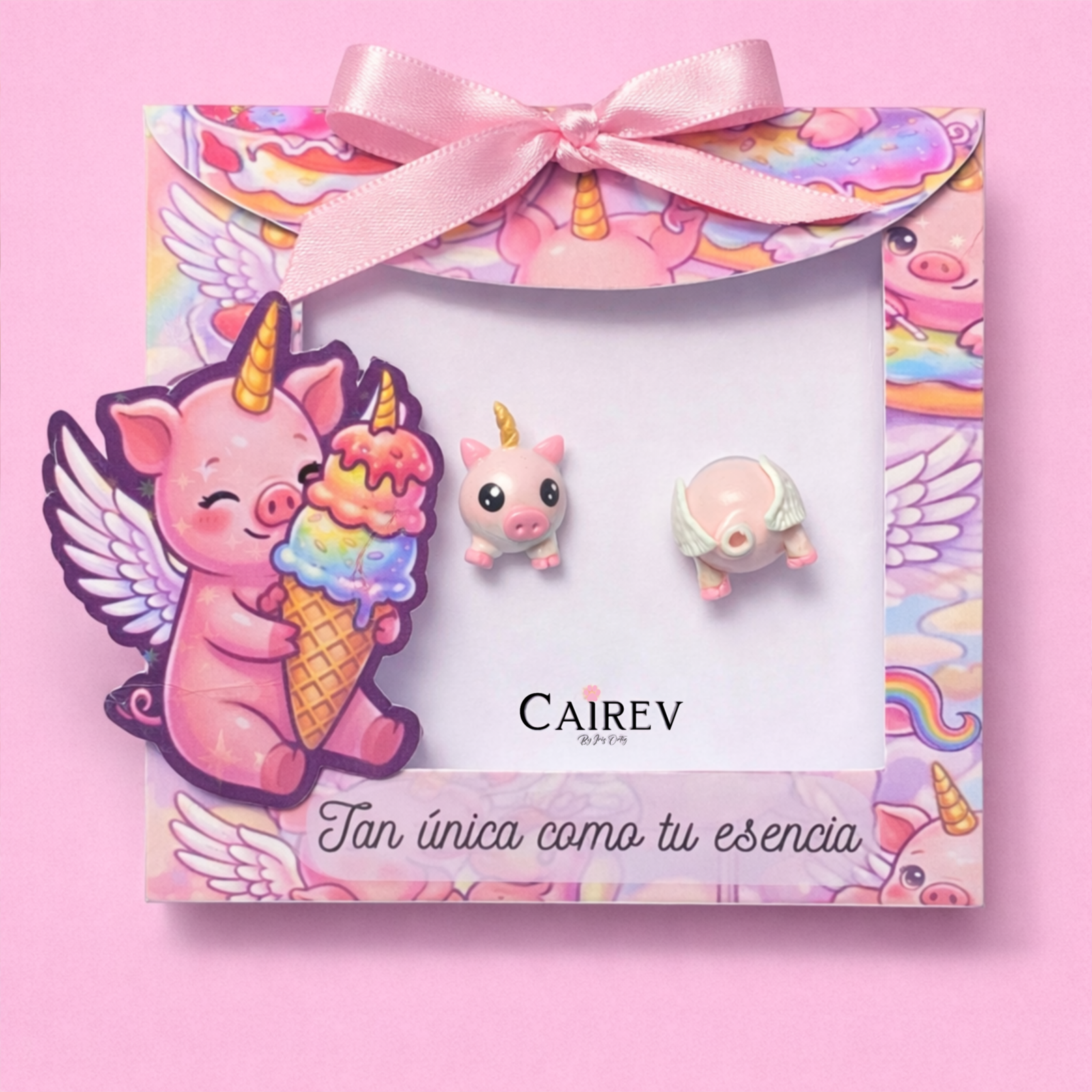 Aretes de cerdito unicornio con alas en empaque decorativo para regalo