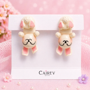 Aretes de conejito kawaii de cabeza con diseño invertido y detalles rosados hechos a mano