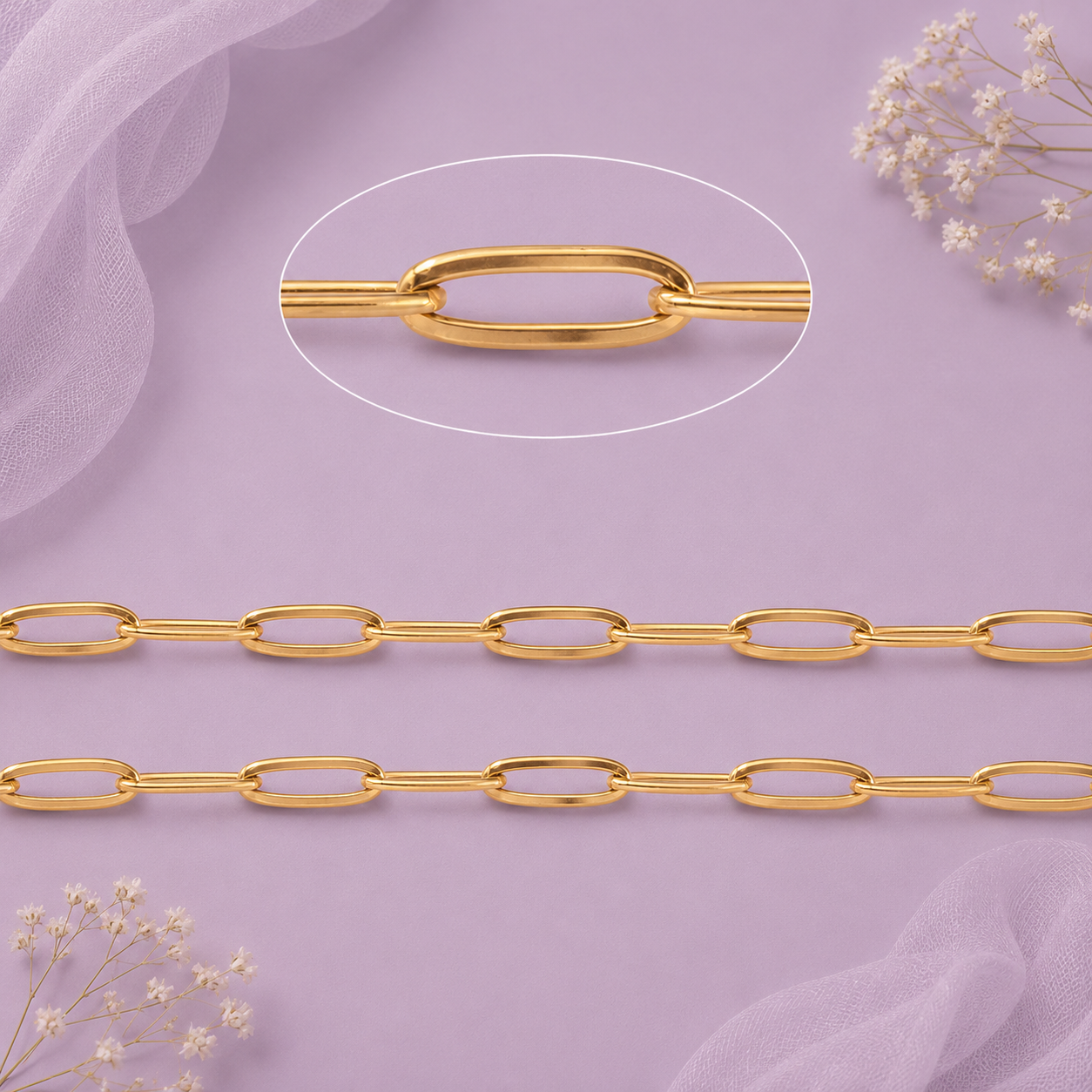 Cadena de clip dorada de acero inoxidable 304 chapada en oro 18K con eslabones de 12 × 4 mm