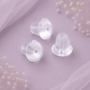 Detalle de tope de silicón transparente para aretes de 4 x 4 mm con orificio de 1 mm